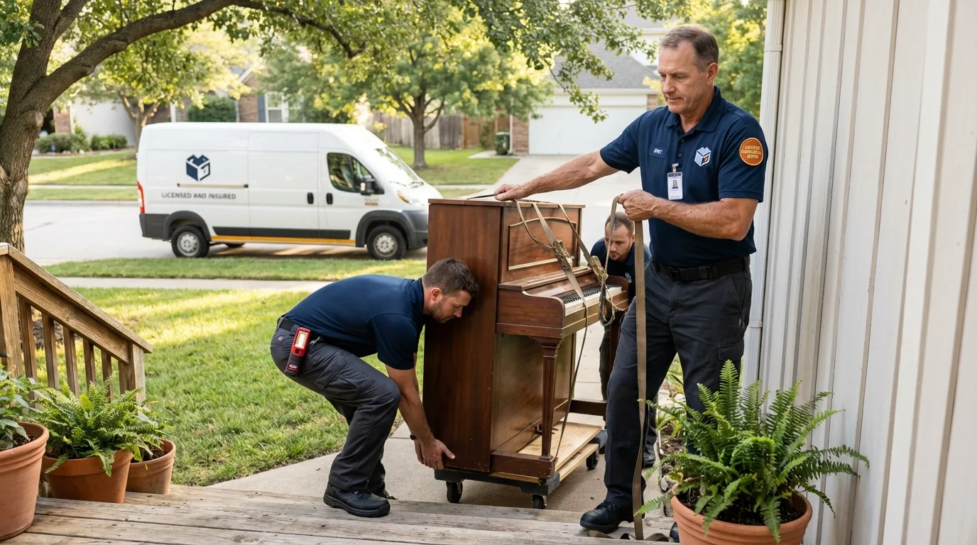 Licensed piano movers securing grand piano in Campbell, MO