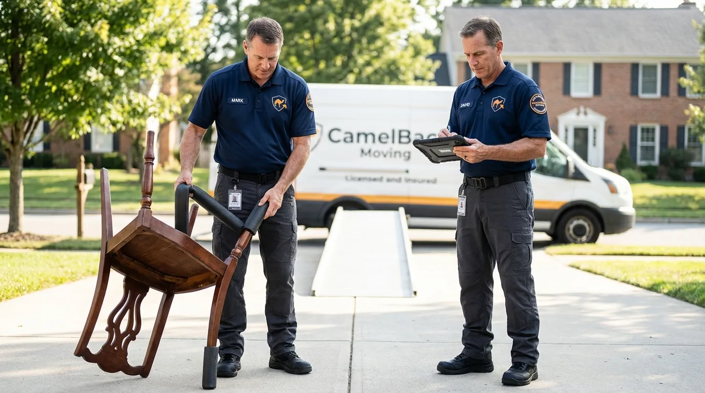 Movers inspecting furniture for damage prevention before loading in Campbell, MO