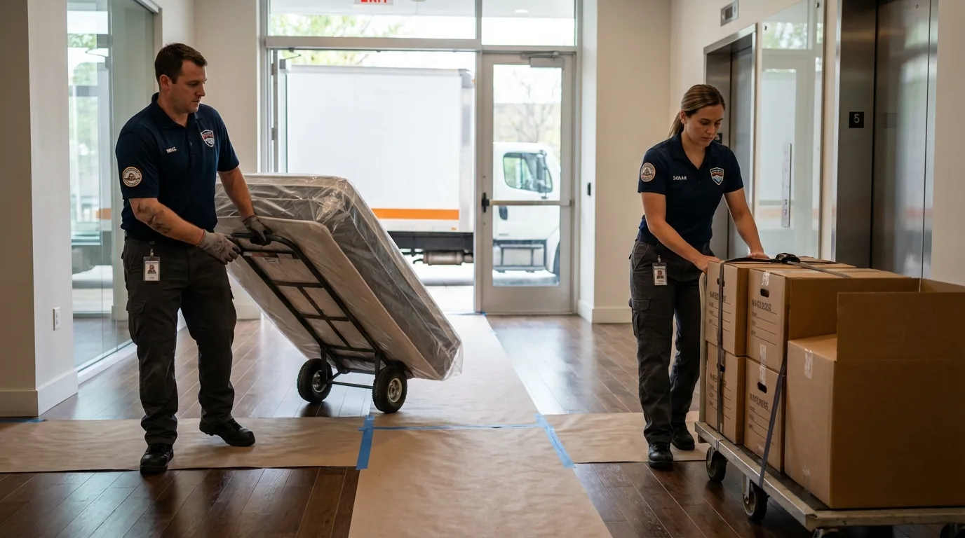 Professional apartment movers loading elevator in Campbell, MO